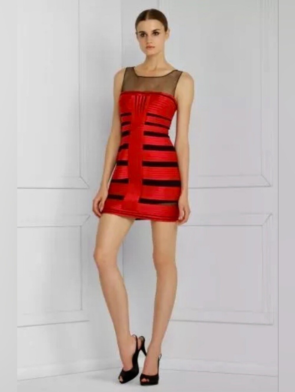 BCBG Jewel Red Bandage Sheer Panel Cocktail Dress 4
